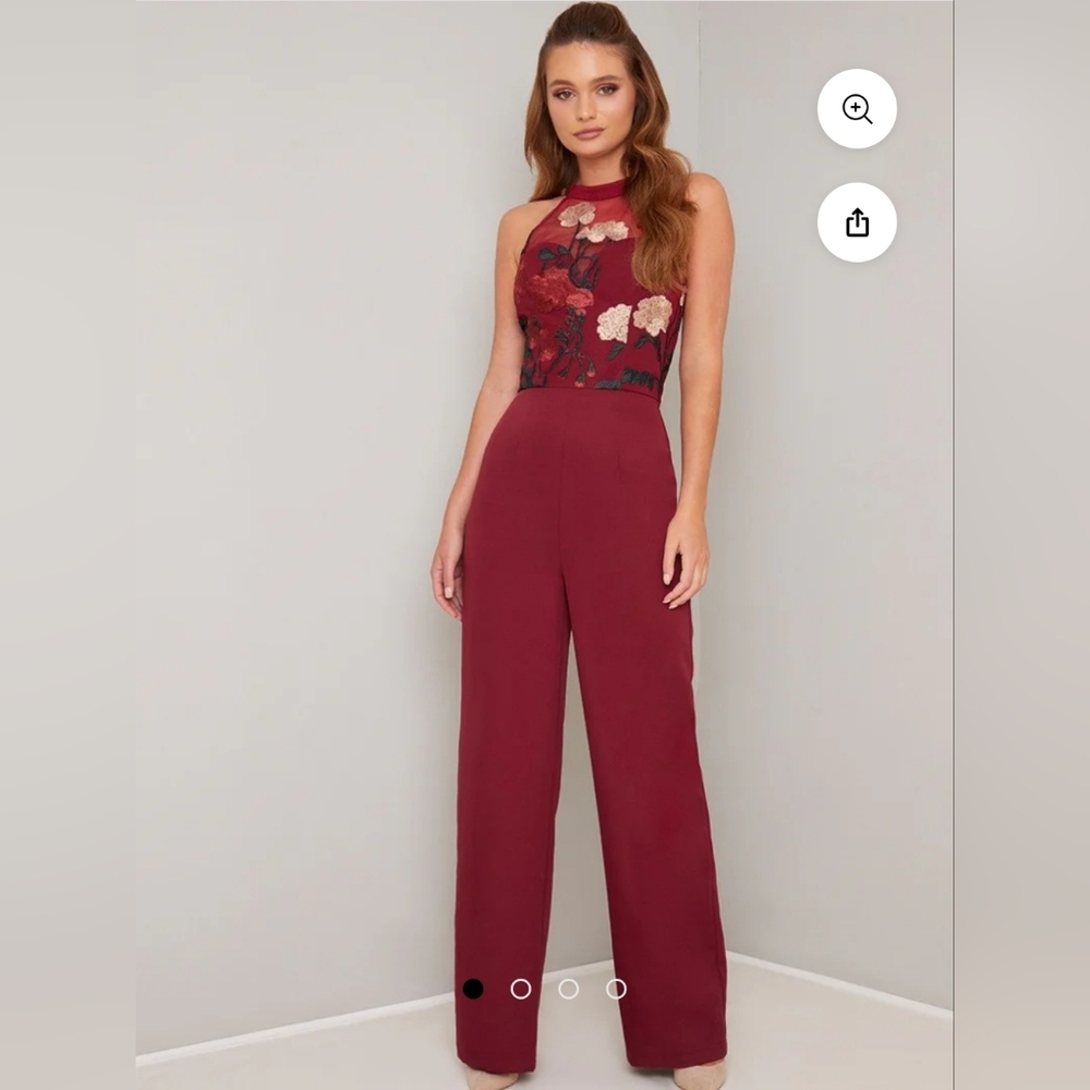 NWT Chi Chi London Jannie Jumpsuit Burgandy Embroidered Floral Mesh Halter Sz 4